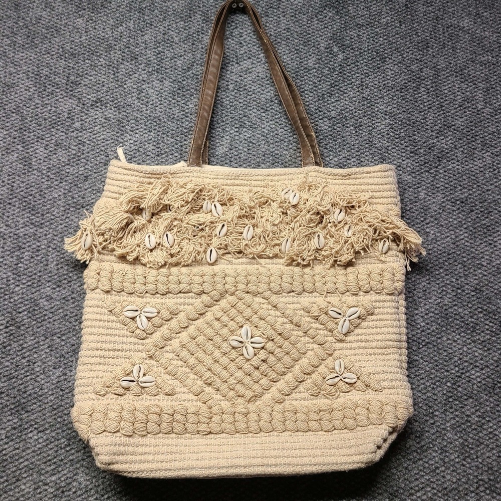 Knit Sea Shell America & Beyond White & Burlap Woven Tote Bag Coastal Beach Boho